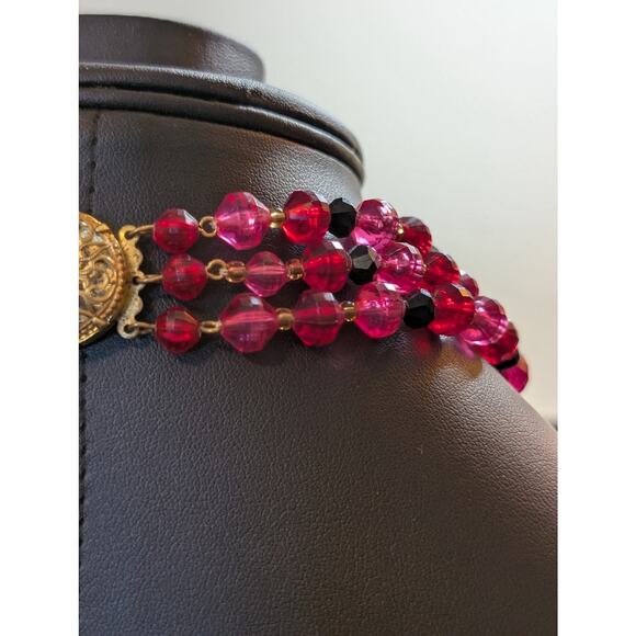 VTG Signed Western Germany Pink Gray Faceted Three Strand Acrylic Bead Necklace - Picture 6 of 9